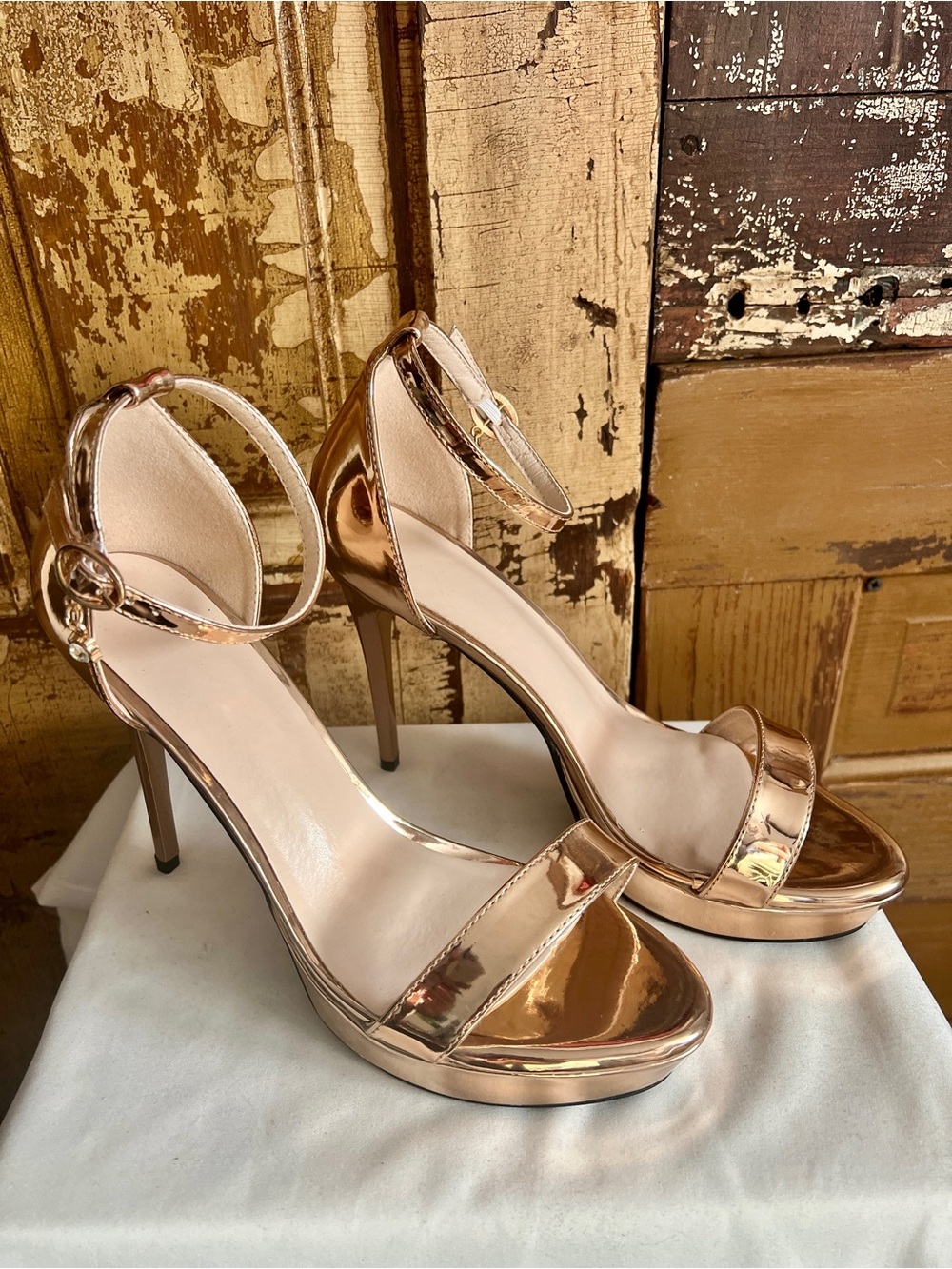 Rose Gold Mirror Stiletto Heels | Ankle Strap Platform Sandals | Size 8.5